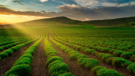 Field of immature lavender at sunset. Mountain landscape and cloudy evening sky in the backgroundの写真素材