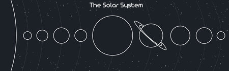 Illustration of the planets of the Solar system and their orbits around the sun. Abstract outline vector planets and stars isolated on dark gray backgroundのイラスト素材