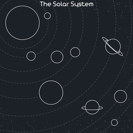 Illustration of the planets of the Solar system and their orbits around the sun. Abstract outline vector planets and stars isolated on dark gray backgroundのイラスト素材