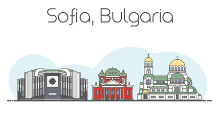 Flat vector line illustration of Sofia, Bulgaria cityscape. Famous landmarks, city sights and design icons isolated on white and light blue backgroundのイラスト素材