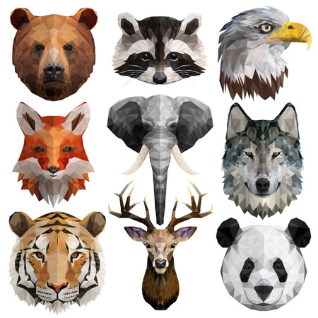Animal illustration set. Mammals, bear, racoon, bald eagle, fox, elephant, wolf, tiger, deer, panda. Geometric vector illustration. Flat design. Polygonal portraits.のイラスト素材