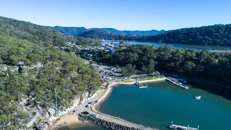 Aerial view of Brooklyn boat harbour village on Hawkesbury River Australiaの写真素材