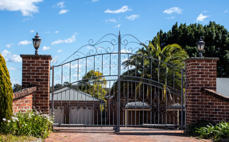 Metal driveway security entrance gates set in brick fence with residential garden in background against blue skyのeditorial素材