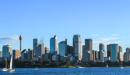 Sydney city cbd buildings with harbour and boats in foreground, Australiaのeditorial素材