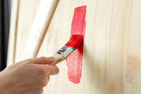 A girl paints the barn door. The hand holds a brush with red paint. Surface painting.の写真素材