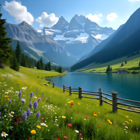 Beautiful alpine meadow with wildflowers and mountain peaksの素材