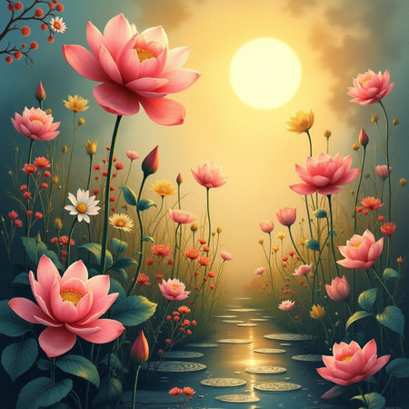 Beautiful lotus flowers in the pond at sunset. Vector illustration.の素材