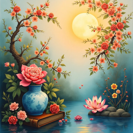 Vase with flowers on the background of the river and the moonの素材