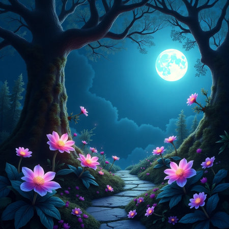 Fantasy landscape with blooming flowers and full moon. 3D illustrationの素材