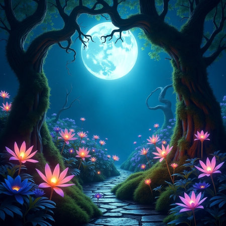 Halloween scene with full moon and flowers in the forest,3d renderの素材