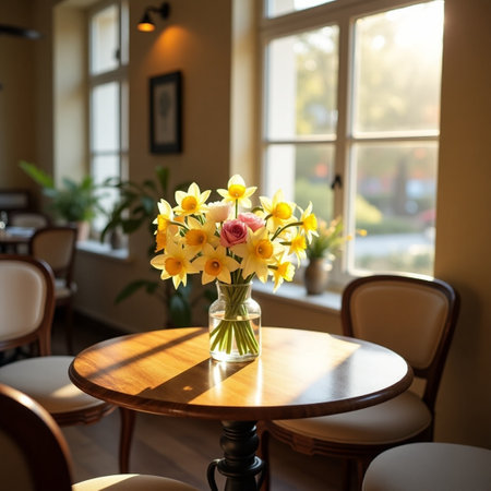 Bouquet of daffodils in vase on table in cafeの素材