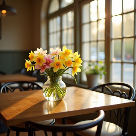 Vase with beautiful daffodils on wooden table in cafeの素材