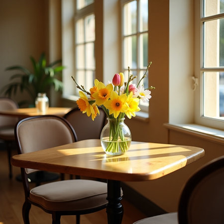Vase with beautiful spring flowers on table in cafe. Interior designの素材