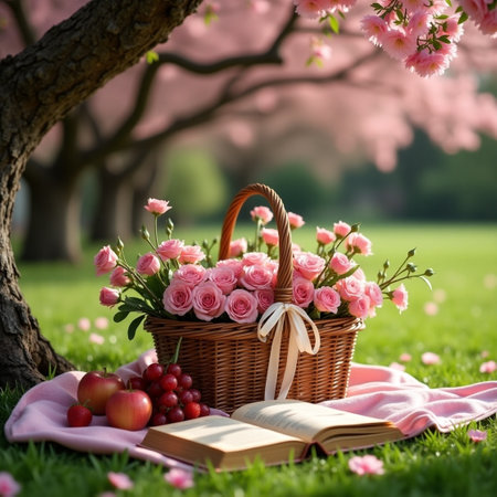 Wicker basket with pink roses, open book and apples on green grass.の素材