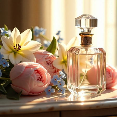 Bottle of perfume with flowers on wooden table in morning sunlight.の素材