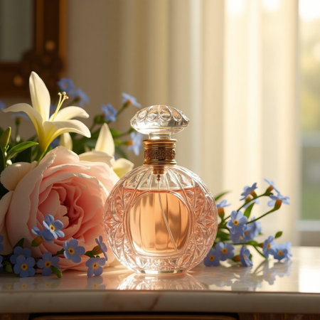 Perfume bottle with flowers on the table in front of windowの素材