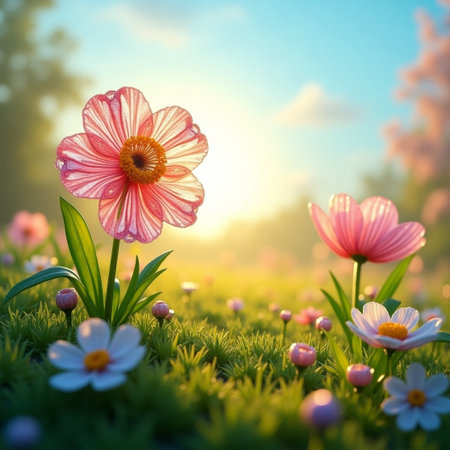 Pink daisy flower on green grass with beautiful bokeh backgroundの素材