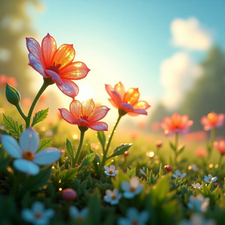 Colorful flowers in the meadow at sunrise. Nature background.の素材
