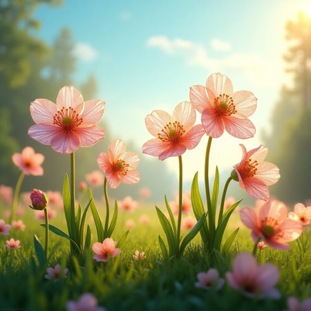 Pink flowers in the meadow at sunset. Spring nature background.の素材