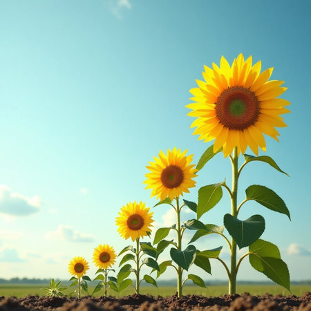 Sunflower field over blue sky background. Sunflower natural background.の素材