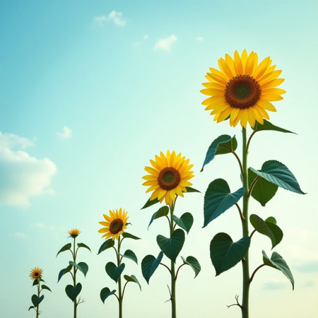 Sunflower field with blue sky background. Sunflower blooming in garden.の素材