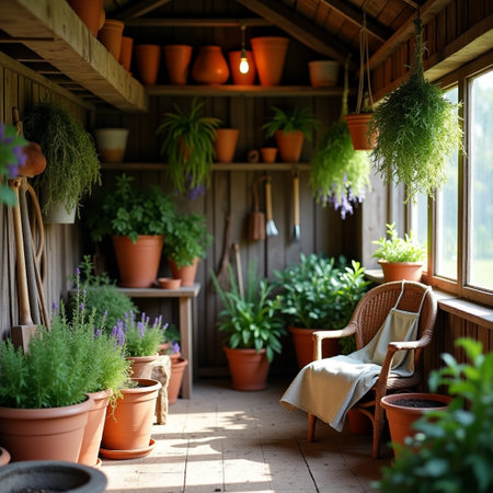 Interior of a rustic country house with plants in pots.の素材