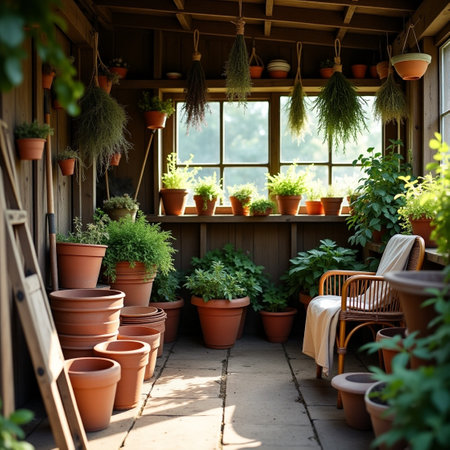 Flower pots on the terrace of a cozy country house.の素材