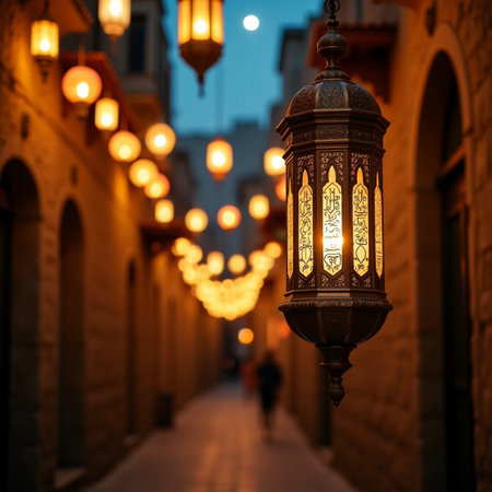 Lanterns decorate the streets of the old city.の素材