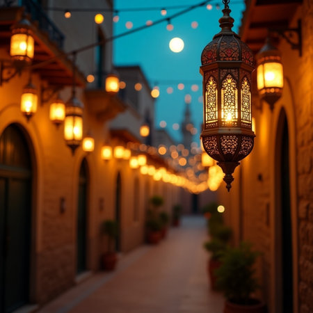 Lanterns in the streets of the old city at nightの素材