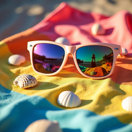 Sunglasses and seashells on the beach. Selective focus. nature.の素材