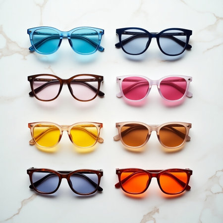 Group of colorful sunglasses on white marble background. Selective focus.の素材