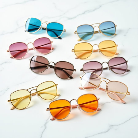 Sunglasses in different colors and shades on a white marble backgroundの素材