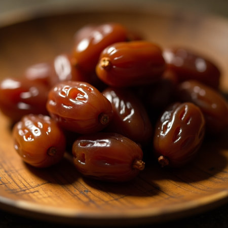 close up of dried dates in a wooden plate on a wooden tableの素材