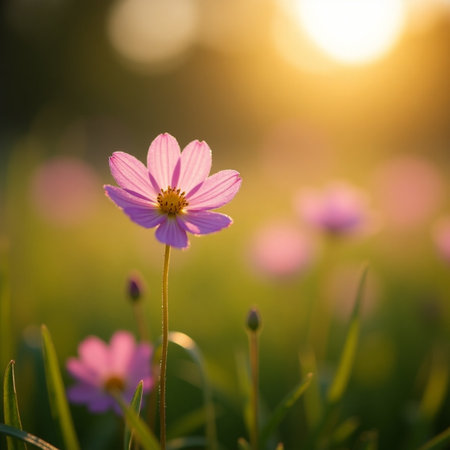 Cosmos flowers in the garden at sunset, soft focus, nature backgroundの素材