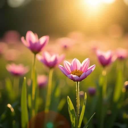 Beautiful pink tulip flowers blooming in the field with sunlight.の素材
