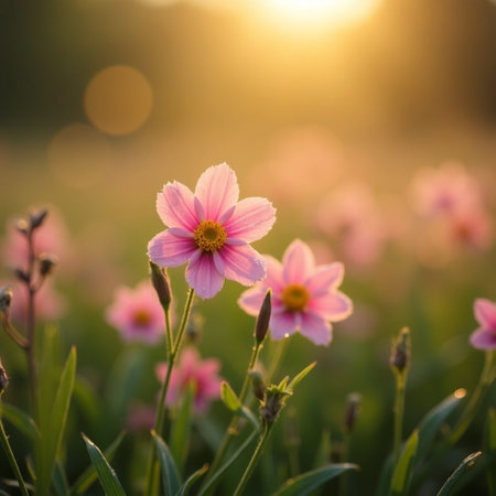 Beautiful cosmos flowers in the garden at sunset. (Soft focus)の素材