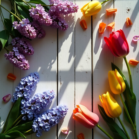 Spring flowers. Tulips, hyacinths and tulips on a white wooden backgroundの素材
