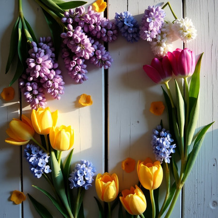 Spring flowers on wooden background. Tulips, hyacinths and muscariの素材