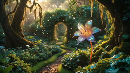 3D rendering of a fantasy garden with flowers and trees in the backgroundの素材