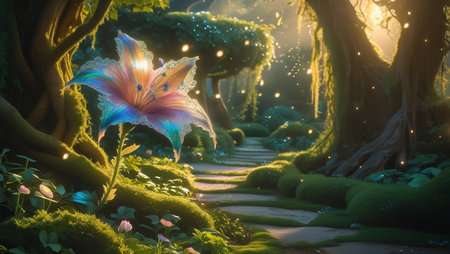 Lily flower in the garden at night time,3d renderの素材