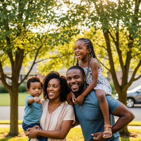 A joyful family of four is captured in a heartwarming moment, with the father carrying their young daughter on his shoulders and the mother holding their son, all smiling and happy together in a serene outdoor setting.の素材