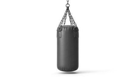 A red punching bag suspended from a chain, isolated on a white background, ideal for boxing and fitness themes.の素材