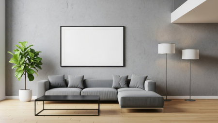 A modern living room featuring a gray sofa, a black coffee table, a potted plant, and two floor lamps against a gray wall with a blank picture frame.の素材