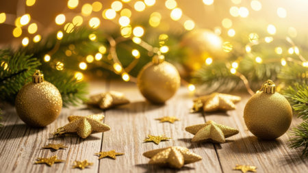 Golden christmas baubles and star decorations on a wooden table surrounded by pine branches and festive lights.の素材