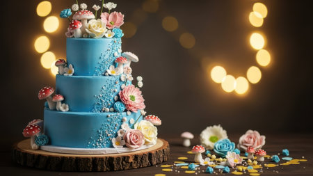 A stunning three-tiered blue cake adorned with intricate flowers and mushrooms, perfect for a whimsical celebration or special occasion.の素材
