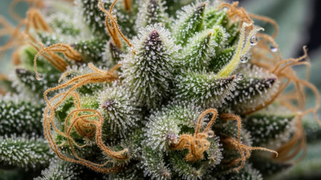 A detailed view of a mature cannabis plant, showcasing its trichomes and orange hairs, highlighting its potency and readiness for harvest.の素材