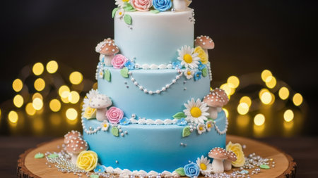 A three-tiered blue ombre cake adorned with intricate designs, colorful flowers, and whimsical mushrooms, placed on a wooden platter against a backdrop of soft, glowing lights.の素材