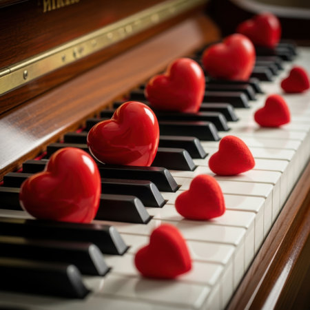 A close-up view of a piano keyboard adorned with red heart-shaped decorations. The hearts are scattered across the black and white keys, creating a festive and romantic atmosphere.の素材