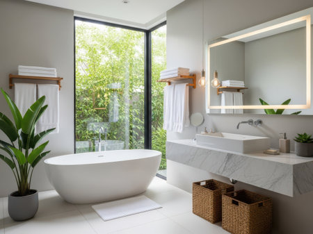 A serene and modern bathroom featuring a freestanding bathtub, a large mirror with LED lighting, a floating vanity, and a large window that allows natural light to flood the space. The room is decorated with potted plants and woven baskets, adding a touch of nature and warmth.の素材