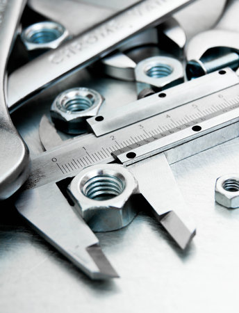 Metal tools. Ð¡alliper and nuts on the scratched metal background.の写真素材